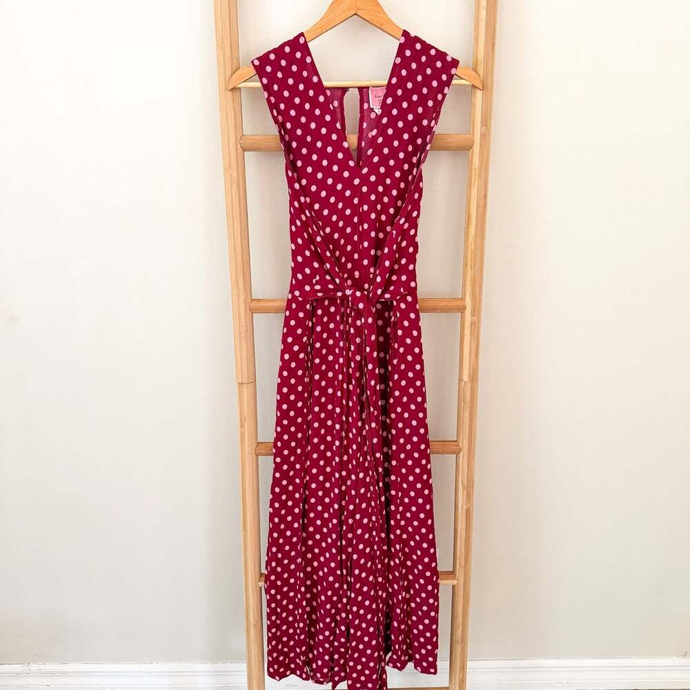 Kate Spade Jumpsuit Size 6 Burgundy Pink Polka Dot Tie Waist Wide Leg Viscose